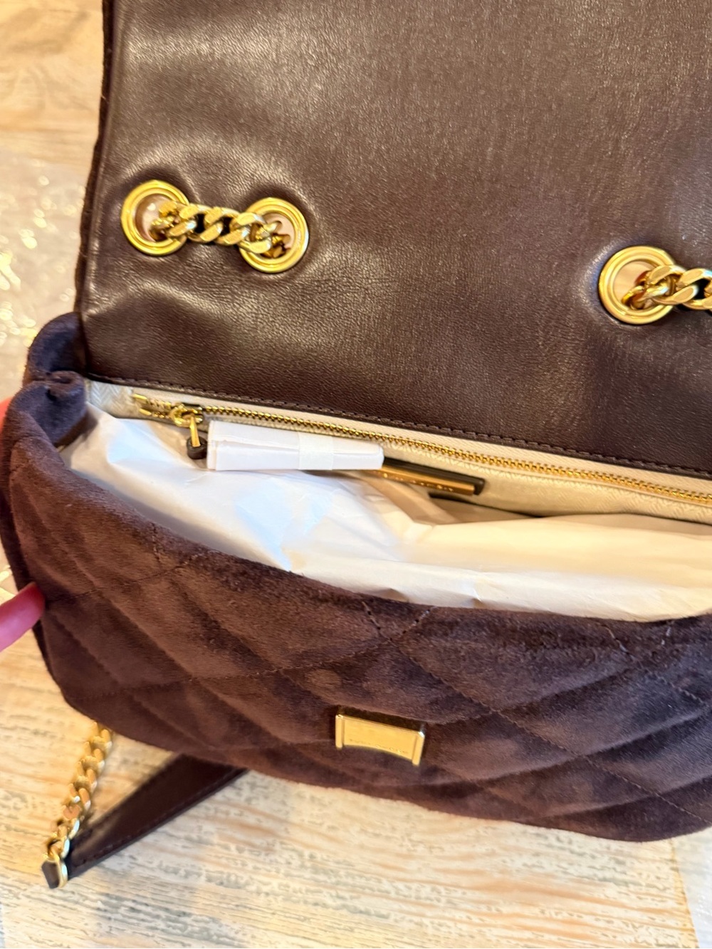 Tory Burch Dark Brown Quilted Suede Chain Shoulder Bag with Gold Hardware NWT - Picture 6 of 8